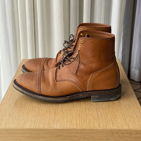 View photo of Viberg Shelby Sharp Brogue Boot in Shinki Tan Latigo Horsehide