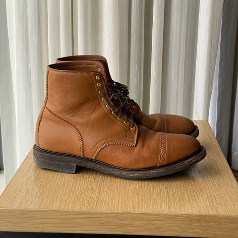 View photo of Viberg Shelby Sharp Brogue Boot in Shinki Tan Latigo Horsehide