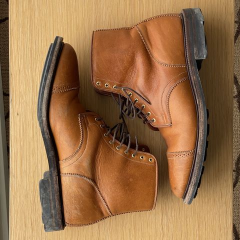 View photo of Viberg Shelby Sharp Brogue Boot in Shinki Tan Latigo Horsehide