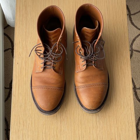 View photo of Viberg Shelby Sharp Brogue Boot in Shinki Tan Latigo Horsehide