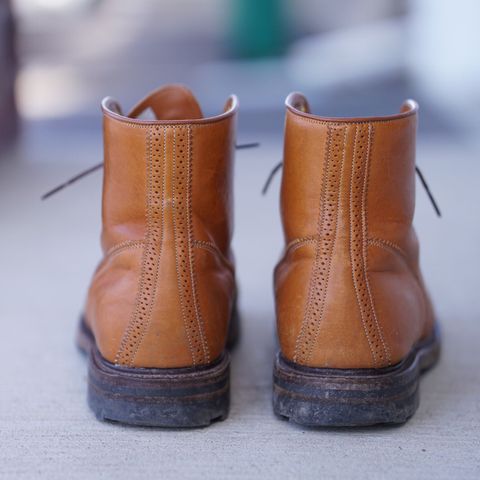 View photo of Viberg Shelby Sharp Brogue Boot in Shinki Tan Latigo Horsehide