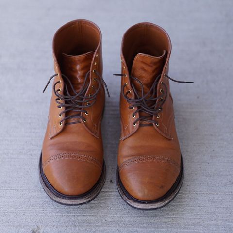 View photo of Viberg Shelby Sharp Brogue Boot in Shinki Tan Latigo Horsehide