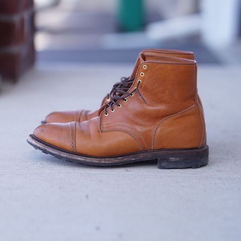 View photo of Viberg Shelby Sharp Brogue Boot in Shinki Tan Latigo Horsehide