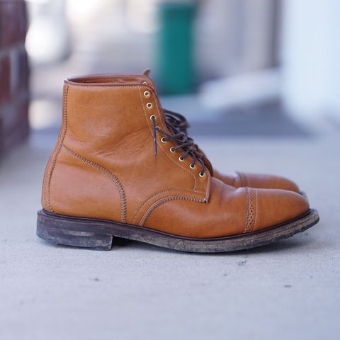 View photo of Viberg Shelby Sharp Brogue Boot in Shinki Tan Latigo Horsehide