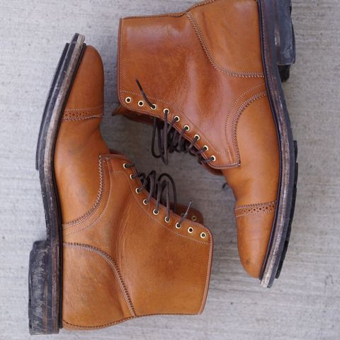 View photo of Viberg Shelby Sharp Brogue Boot in Shinki Tan Latigo Horsehide