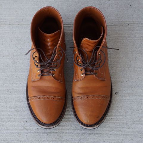 View photo of Viberg Shelby Sharp Brogue Boot in Shinki Tan Latigo Horsehide