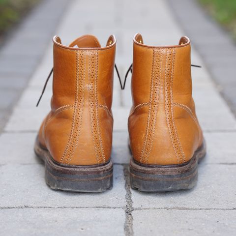 View photo of Viberg Shelby Sharp Brogue Boot in Shinki Tan Latigo Horsehide