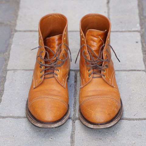 View photo of Viberg Shelby Sharp Brogue Boot in Shinki Tan Latigo Horsehide