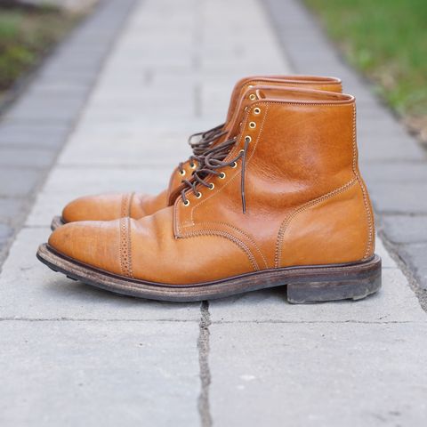 View photo of Viberg Shelby Sharp Brogue Boot in Shinki Tan Latigo Horsehide