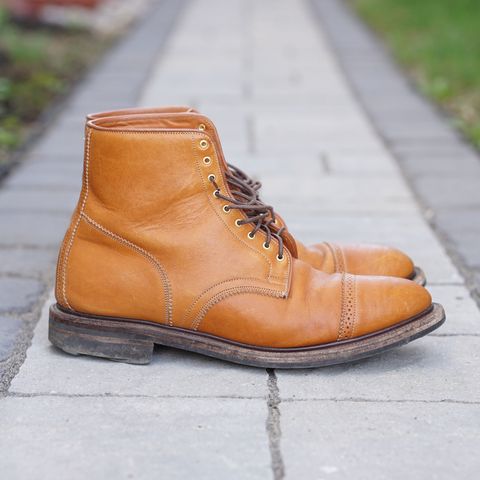 View photo of Viberg Shelby Sharp Brogue Boot in Shinki Tan Latigo Horsehide