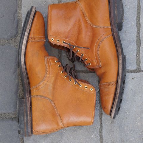 View photo of Viberg Shelby Sharp Brogue Boot in Shinki Tan Latigo Horsehide