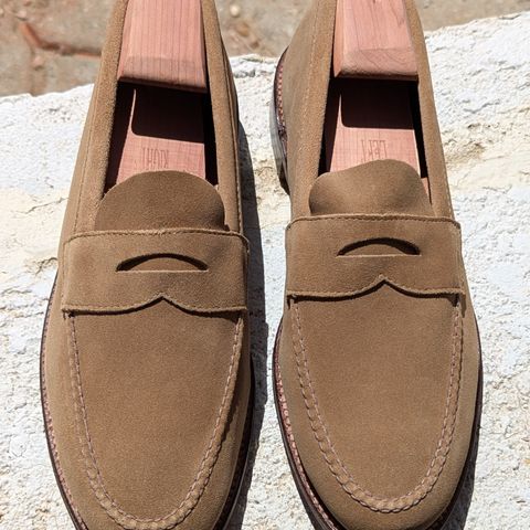 View photo of Alden Leisure Handsewn Penny Loafer in Tan Suede