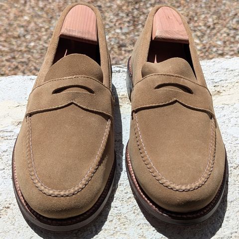 View photo of Alden Leisure Handsewn Penny Loafer in Tan Suede