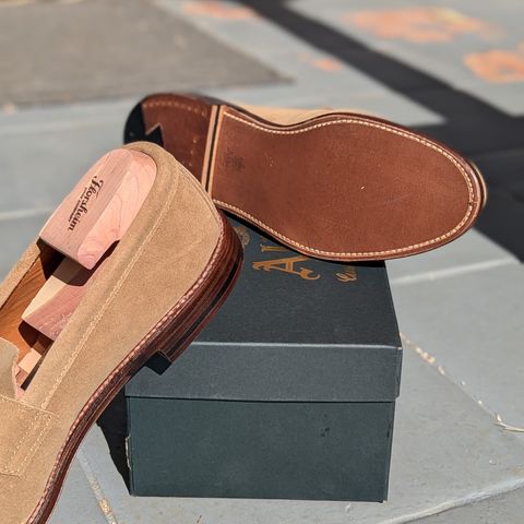 View photo of Alden Leisure Handsewn Penny Loafer in Tan Suede