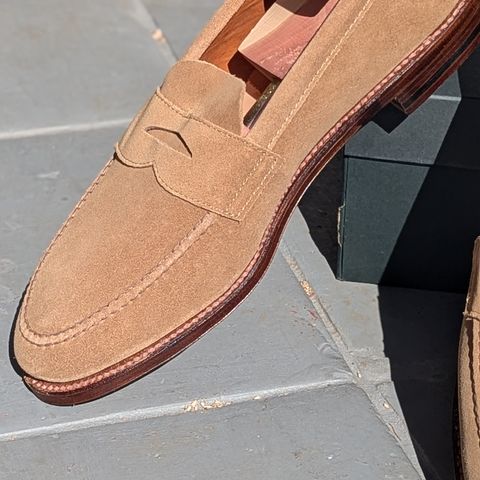 View photo of Alden Leisure Handsewn Penny Loafer in Tan Suede