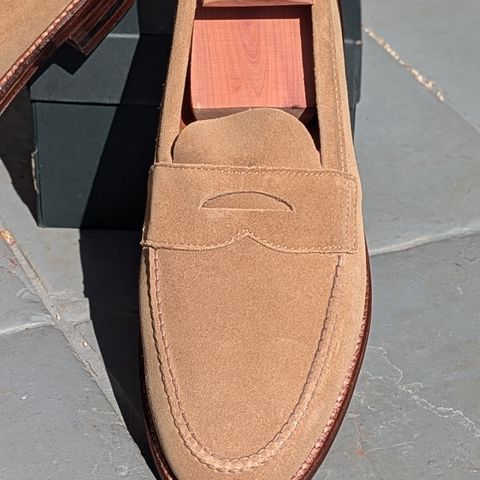 View photo of Alden Leisure Handsewn Penny Loafer in Tan Suede