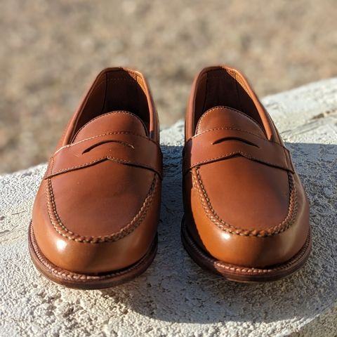 View photo of Alden Leisure Handsewn Penny Loafer in Burnished Tan Calfskin