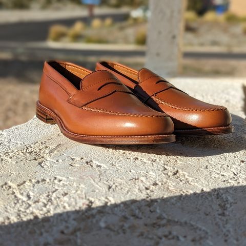 View photo of Alden Leisure Handsewn Penny Loafer in Burnished Tan Calfskin