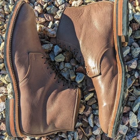 View photo of Viberg Derby Boot in Brown Glacé Deer