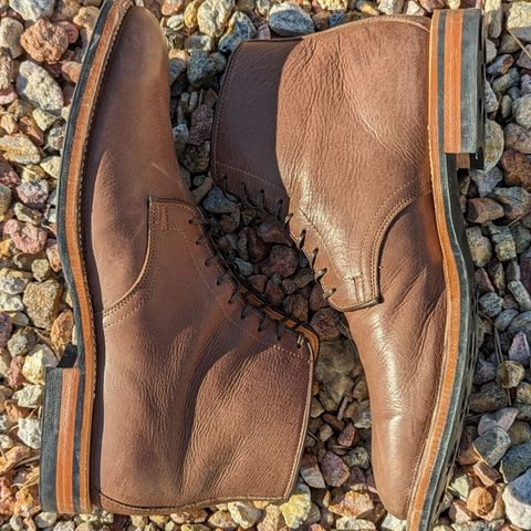 View photo of Viberg Derby Boot in Brown Glacé Deer