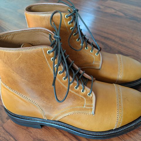 Search result thumbnail of Viberg Shelby Sharp Brogue Boot in Shinki Tan Latigo Horsehide