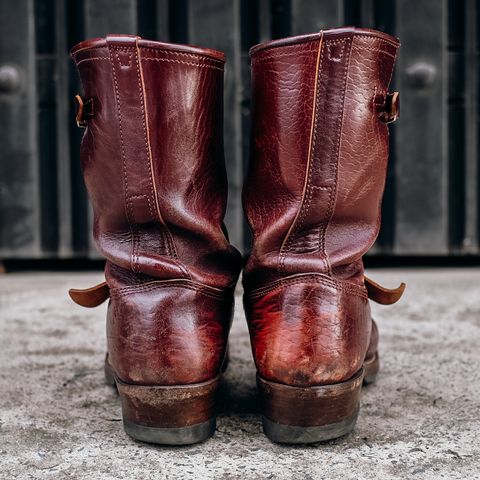 View photo of John Lofgren Wabash Engineer Boots in Shinki Burgundy Oiled Horsebutt