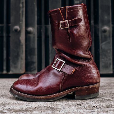 View photo of John Lofgren Wabash Engineer Boots in Shinki Burgundy Oiled Horsebutt