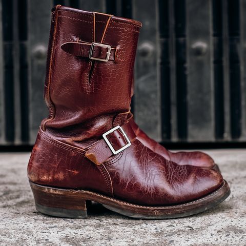 View photo of John Lofgren Wabash Engineer Boots in Shinki Burgundy Oiled Horsebutt