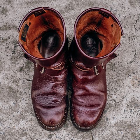 View photo of John Lofgren Wabash Engineer Boots in Shinki Burgundy Oiled Horsebutt