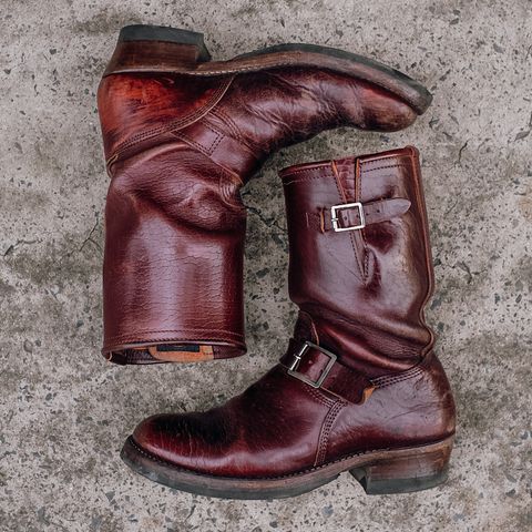 View photo of John Lofgren Wabash Engineer Boots in Shinki Burgundy Oiled Horsebutt