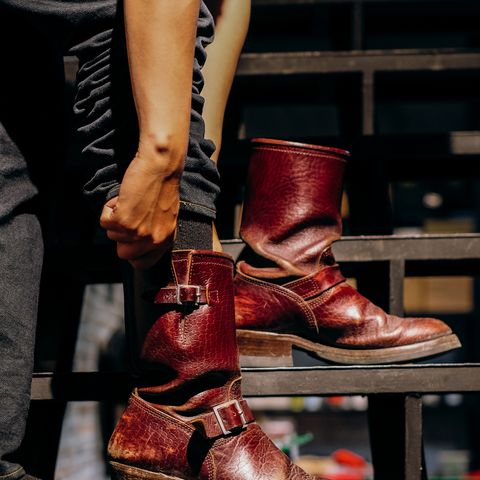 View photo of John Lofgren Wabash Engineer Boots in Shinki Burgundy Oiled Horsebutt