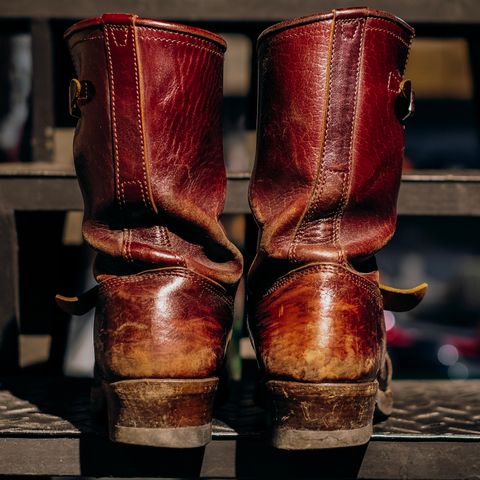 View photo of John Lofgren Wabash Engineer Boots in Shinki Burgundy Oiled Horsebutt