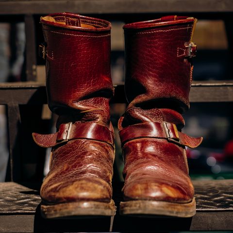 View photo of John Lofgren Wabash Engineer Boots in Shinki Burgundy Oiled Horsebutt