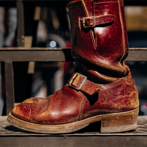 View photo of John Lofgren Wabash Engineer Boots in Shinki Burgundy Oiled Horsebutt