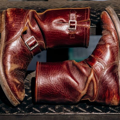 View photo of John Lofgren Wabash Engineer Boots in Shinki Burgundy Oiled Horsebutt