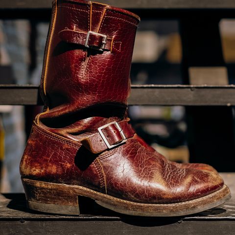 View photo of John Lofgren Wabash Engineer Boots in Shinki Burgundy Oiled Horsebutt