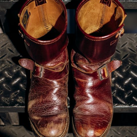 View photo of John Lofgren Wabash Engineer Boots in Shinki Burgundy Oiled Horsebutt