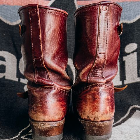 View photo of John Lofgren Wabash Engineer Boots in Shinki Burgundy Oiled Horsebutt