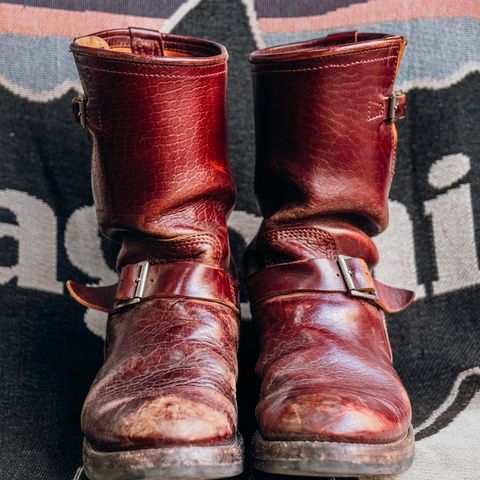 View photo of John Lofgren Wabash Engineer Boots in Shinki Burgundy Oiled Horsebutt