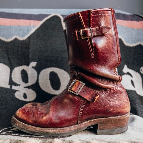 View photo of John Lofgren Wabash Engineer Boots in Shinki Burgundy Oiled Horsebutt