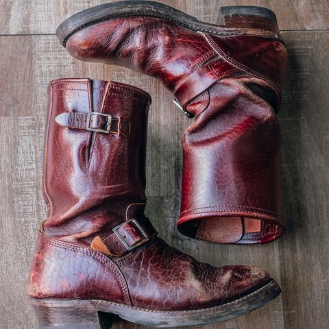 View photo of John Lofgren Wabash Engineer Boots in Shinki Burgundy Oiled Horsebutt