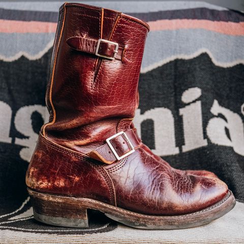 View photo of John Lofgren Wabash Engineer Boots in Shinki Burgundy Oiled Horsebutt