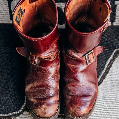 View photo of John Lofgren Wabash Engineer Boots in Shinki Burgundy Oiled Horsebutt