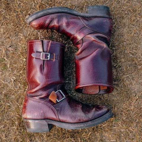 View photo of John Lofgren Wabash Engineer Boots in Shinki Burgundy Oiled Horsebutt