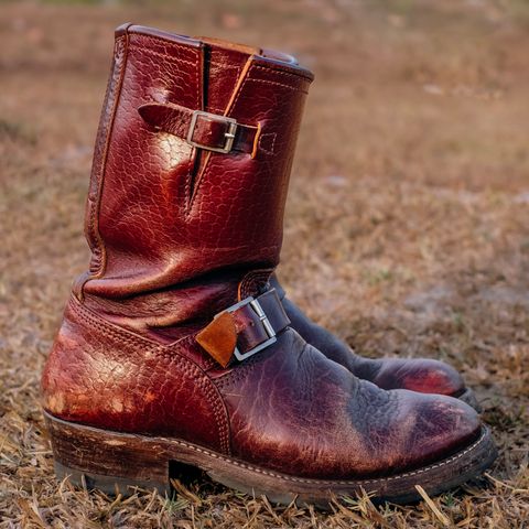 View photo of John Lofgren Wabash Engineer Boots in Shinki Burgundy Oiled Horsebutt