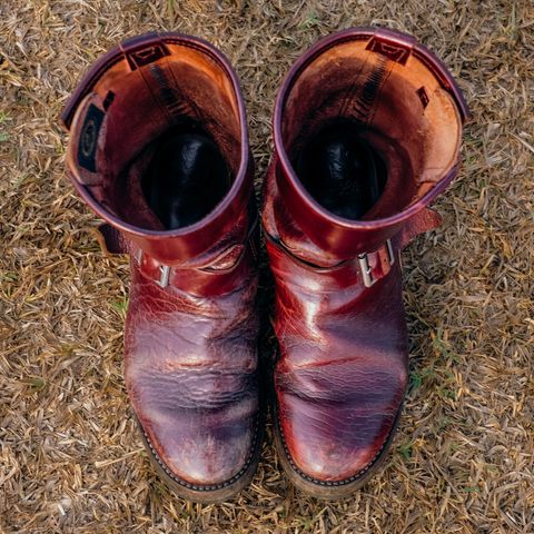 View photo of John Lofgren Wabash Engineer Boots in Shinki Burgundy Oiled Horsebutt