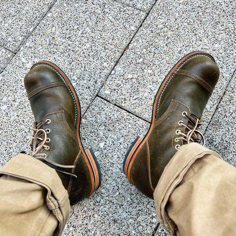 View photo of Viberg Service Boot BCT in Horween Dark Olive Waxed Flesh