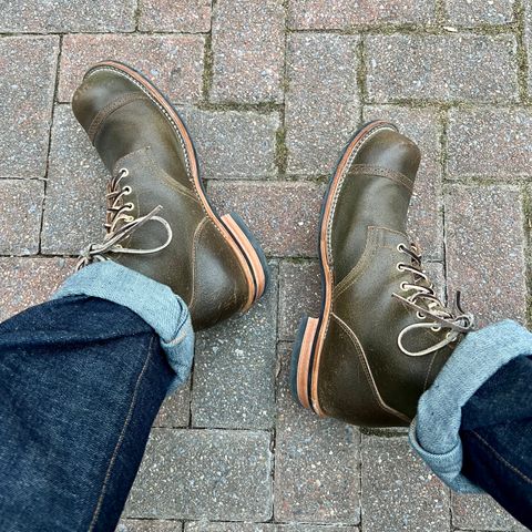 View photo of Viberg Service Boot BCT in Horween Dark Olive Waxed Flesh