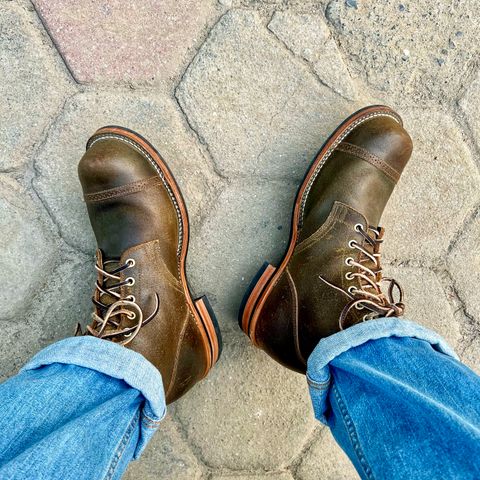 View photo of Viberg Service Boot BCT in Horween Dark Olive Waxed Flesh