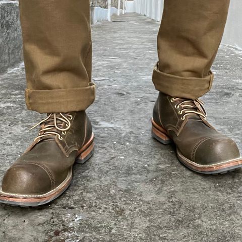 View photo of Viberg Service Boot BCT in Horween Dark Olive Waxed Flesh